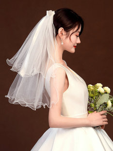 新娘头纱头饰超仙结婚拍照道具短款森系婚纱头纱领证白色头纱简约