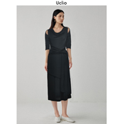 uclio/高端限量日本三醋酸针织立裁显瘦丝滑垂顺设计感荡领连衣裙