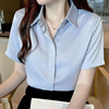 蓝色衬衫女2024夏季设计感小众雪纺上衣韩版短袖，职业装宽松白衬衣(白衬衣)