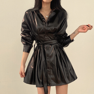 韩国chic复古个性V领单排扣系带收腰中长款机车服夹克皮衣外套女