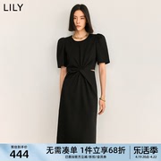 lily2024夏女装(夏女装)别致镂空气质通勤百搭复古泡泡袖连衣裙小黑裙