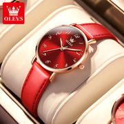 品牌石英表中国红真皮简约薄款女士手表防水女表圆形普通国产腕表