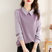九月陌墨欧洲站紫色针织，拼接衬衫女2023春秋设计感假两件上衣