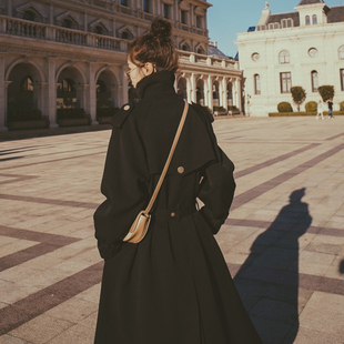 黑色风衣女2024春秋季中长款英伦，风高端法式气质韩版大衣外套
