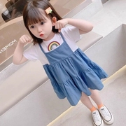 夏季女童韩版假两件连衣裙，女宝宝可爱洋气公主裙，圆领蛋糕裙小女孩