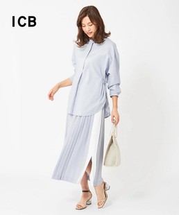 icb日系春夏季通勤宽松棉收腰小立领，套头长袖衬衣女中长款衬衫女
