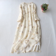 复古文艺苎麻印花中袖连衣裙，夏季女装气质，小立领中长改良版旗袍裙