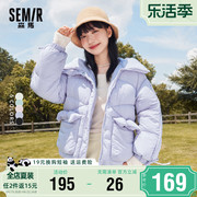 森马棉服女中长款连帽厚外套2023冬季蝴蝶结小个子面包服棉衣