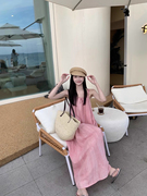 粉色吊带长裙女装夏季海边度假沙滩连衣裙挂脖设计感小众裙子