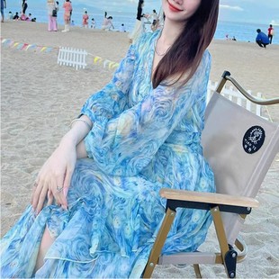 2023夏季超仙时尚真丝桑蚕丝连衣裙修身显瘦沙滩度假大摆长裙