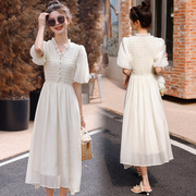 夏季女装夏装中长裙，长款打底裙子气质，高腰米白色短袖连衣裙