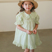 韩国童装儿童纯棉裙子夏款女孩，翻领清新纯色，连衣裙女童短袖公主裙