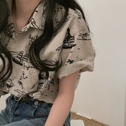 海岛计划 夏威夷涂鸦衬衫 COOL~韩国复古学院印花原宿短袖开衫