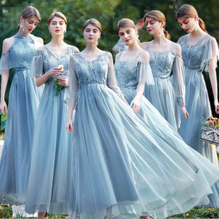 伴娘服显瘦连衣裙姐妹团，礼服蓝色加年会，聚会演出礼仪装大码姊妹裙