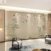 2022年中式电视背景墙壁纸，手绘花鸟刺绣，沙发影视墙布无缝壁