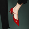 平底鞋女2024春季真皮尖头，平跟一字带单鞋红色，浅口小皮鞋瓢鞋