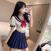 学院风海军领纯欲上衣女，夏季高腰百褶裙jk制服，a字半身裙两件套装