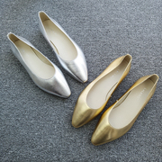 羊皮尖头浅口平底单鞋，女金色银色，春季百搭低跟真皮女鞋奶奶鞋
