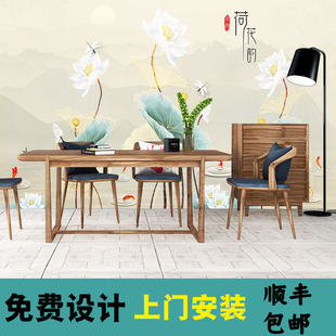 新中式客厅沙发电视背景墙禅意荷花壁纸古风水墨墙纸茶室手绘壁画