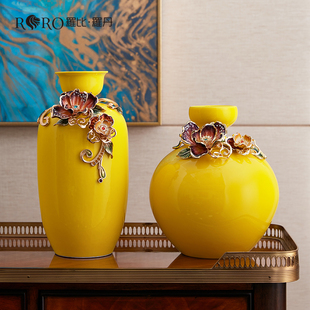 罗比罗丹珐琅彩工艺黄色花瓶创意玄关摆件《富贵平安》家居饰品