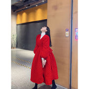 中国红真丝丝绒菱形格棉服女小众设计感棉袄中长款新年好运气