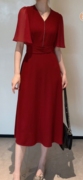 喜婆婆红色裙子2024夏季雪纺长裙V领收腰气质修身显瘦连衣裙