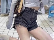 韩版设计感侧抽绳牛仔短裤女夏季2023高腰弹力显瘦a字阔腿热裤女