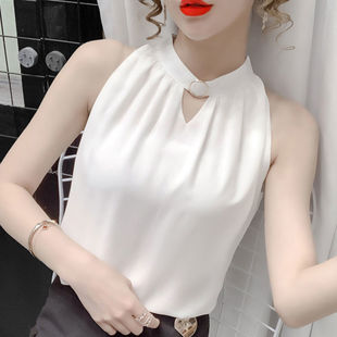 雪纺无袖衬衫女夏季韩版时尚时髦性感镂空挂脖背心，小衫上衣潮