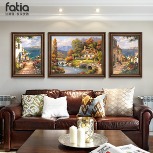 美式客厅装饰画沙发背景墙，大气挂画手绘油画，欧式三联画高级感壁画