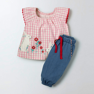 女童短袖红格子衬衫娃娃，衫牛仔裤夏季套装半袖t恤灯笼裤2件套