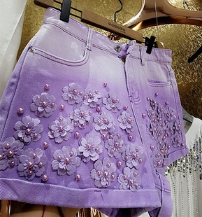 韩国东大门 高端定制 奢华重工钉珠珍珠仙女立体紫色花朵牛仔短裤