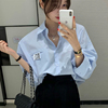 韩国chic夏季简约基础款翻领拼接字母贴布设计宽松百搭长袖衬衫女