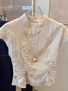 新中式珍珠盘扣立领衬衫女2024夏季气质复古修身显瘦国风衬衣