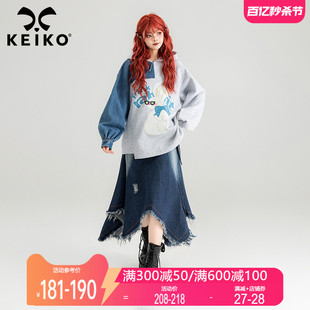 keiko小众设计牛仔拼接灰色卫，衣女2024春季卡通，兔子宽松连帽外套