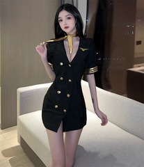 夜场店女装空姐制服技师工作服气质性感低胸深V领短袖包臀连衣裙