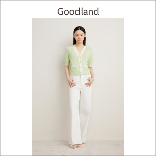 Goodland美地2024夏季气质浅绿色v领短袖针织开衫女短款