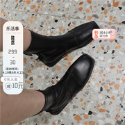 现韩国女鞋21秋ins时尚舒适方底圆头拼接显瘦后拉链弹力平底短靴