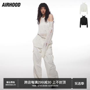 AIRHOOD 春秋季辣妹设计感露肩薄款罩衫女破洞性感挂脖针织衫上衣