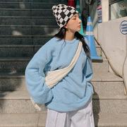 韩国特大码女装胖mm冬装，时尚纯色圆领，宽松舒适羊羔绒卫衣1005