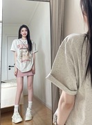 纯棉短袖t恤女设计感小众美式复古宽松显瘦正肩上衣灰色半袖体恤