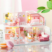 粉色复式别墅diy小屋手工制作小房子，模型拼装艺术情人节礼物女生