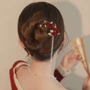 新娘头饰盘发头花礼服，敬酒服简单大气，红色复古风韩式旗袍发簪
