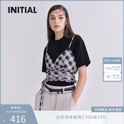 设计师潮牌INITIAL春秋假两件格纹吊带短袖T恤女TTFMCVV613