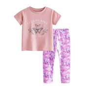 女童粉红色蝴蝶短袖t恤上衣，儿童纯棉夏装，花打底裤子两件套装半袖2