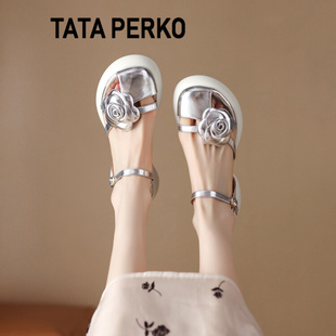 TATA PERKO联名女鞋真皮花朵包头凉鞋女夏季包脚趾厚底粗高跟单鞋