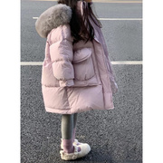 韩国女童连帽羽绒棉服2024加厚中大童外套儿童中长款保暖棉衣