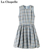 拉夏贝尔/La Chapelle蓝色格子收腰花苞裙短裙女款无袖背心连衣裙
