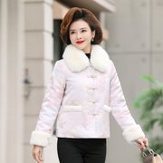 秋冬棉衣女刺绣翻领毛呢短款厚外套女高贵妈妈装时尚兔毛领小棉袄