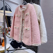 30%羊毛粉色小香风毛呢外套，女重工订珠拼蕾丝，夹棉加厚呢子大衣甜