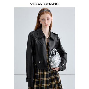 vegachang黑色皮衣女，2024年春季英伦风酷飒，机车皮夹克短外套